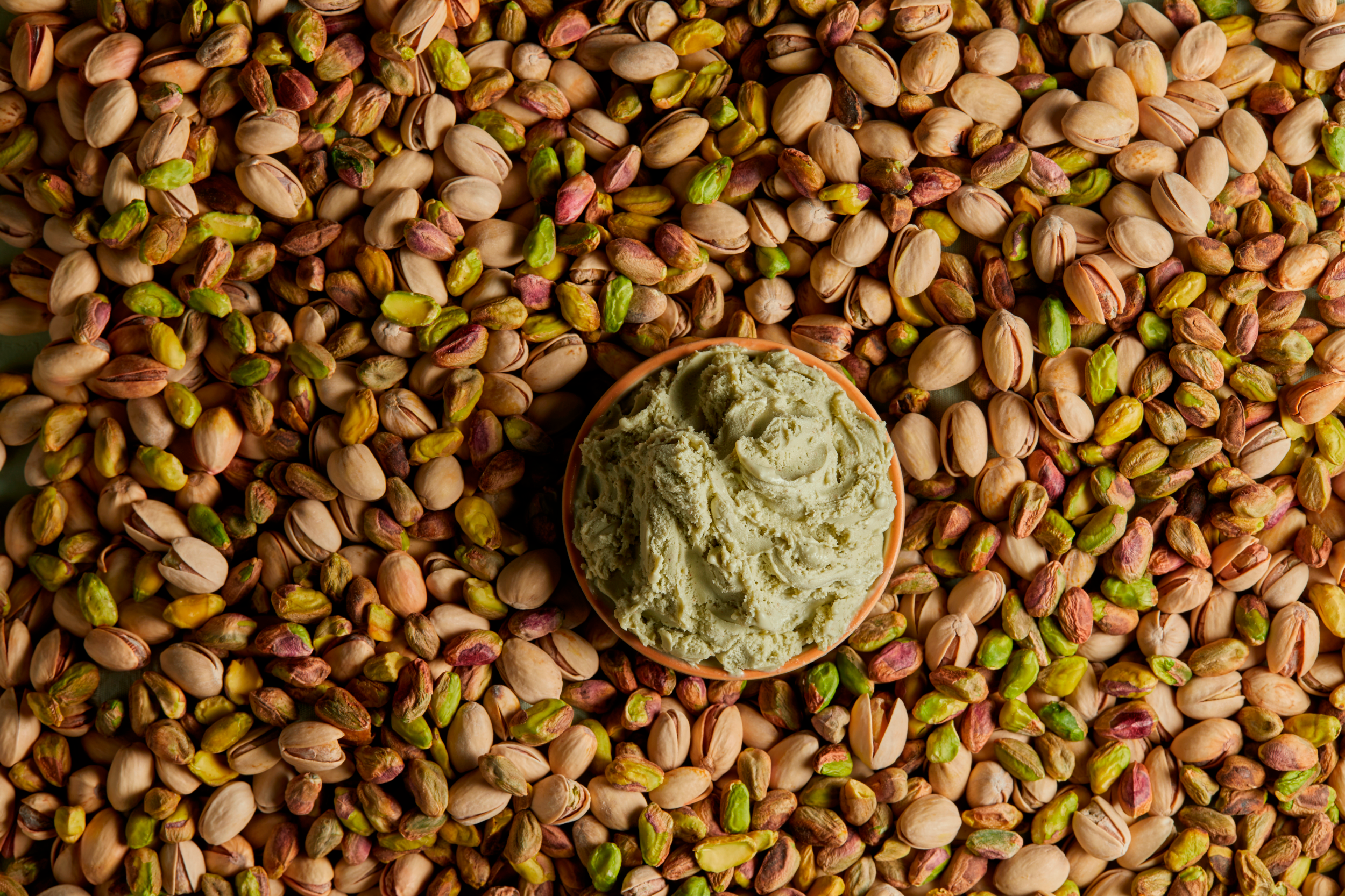 Container with pistachio ice cream over pistachio nuts